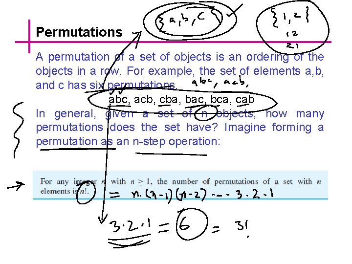 Permutations A permutation of a set of objects is an ordering of the objects