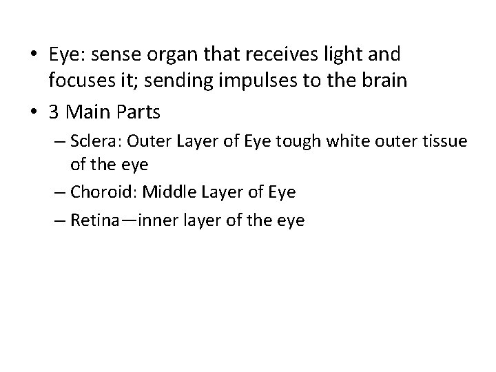 • Eye: sense organ that receives light and focuses it; sending impulses to • Eye: sense organ that receives light and focuses it; sending impulses to