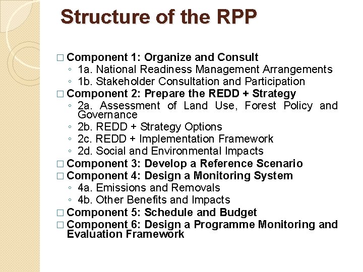 Structure of the RPP � Component 1: Organize and Consult ◦ 1 a. National