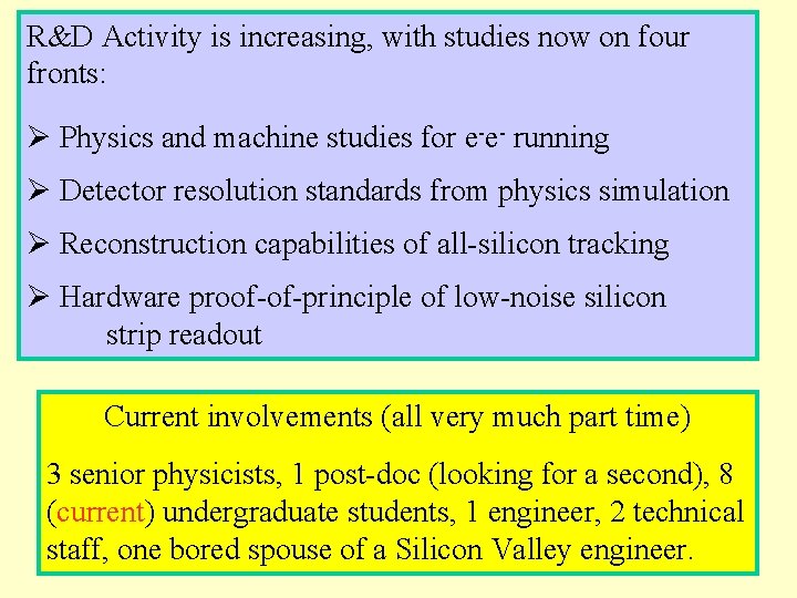 R&D Activity is increasing, with studies now on four fronts: Ø Physics and machine