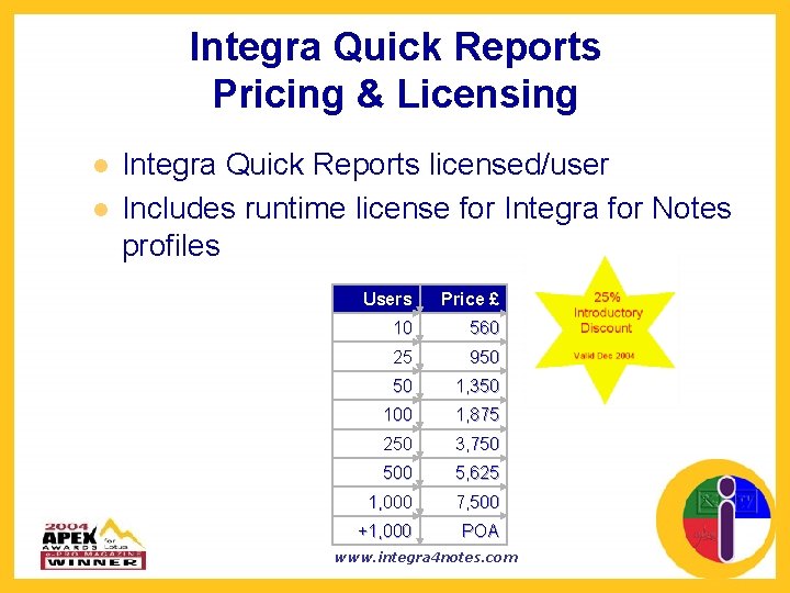 Integra Quick Reports Pricing & Licensing l l Integra Quick Reports licensed/user Includes runtime