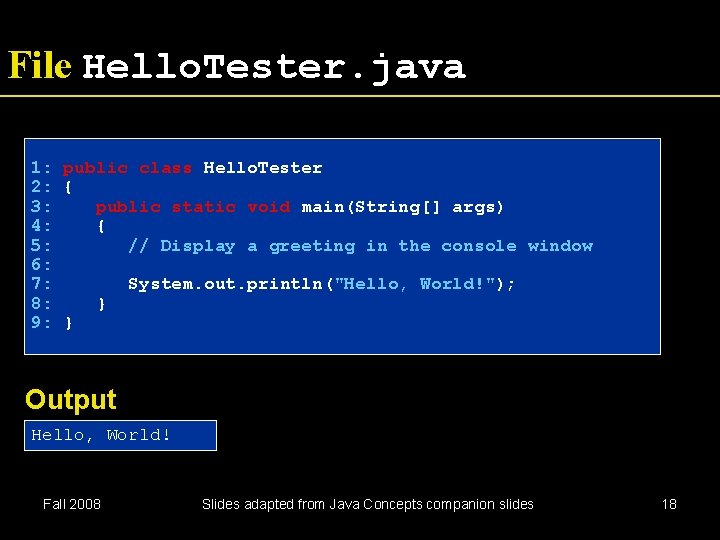 File Hello. Tester. java 1: public class Hello. Tester 2: { 3: public static