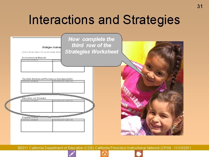 31 Interactions and Strategies Now complete third row of the Strategies Worksheet © 2011