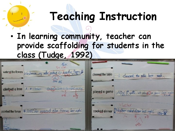 Teaching Instruction • In learning community, teacher can provide scaffolding for students in the
