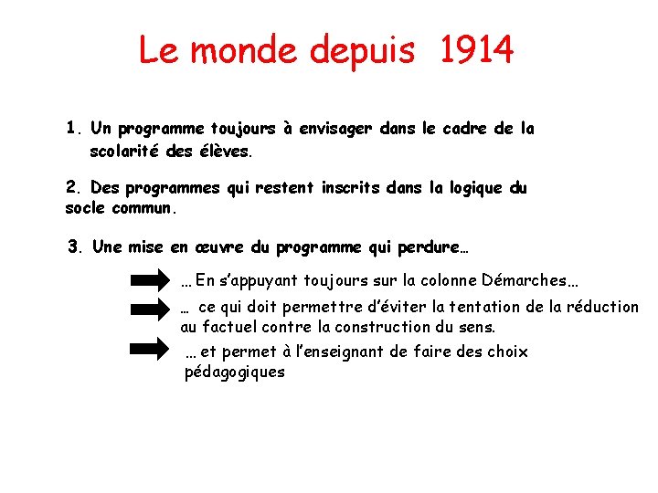 Le monde depuis 1914 1. Un programme toujours à envisager dans le cadre de