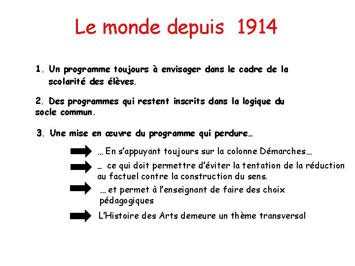 Le monde depuis 1914 1. Un programme toujours à envisager dans le cadre de