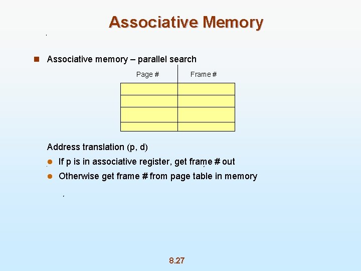 Associative Memory n Associative memory – parallel search Page # Frame # Address translation