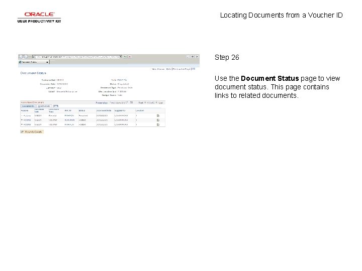 Locating Documents from a Voucher ID Step 26 Use the Document Status page to