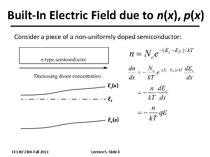Built-In Electric Field due to n(x), p(x) Consider a piece of a non-uniformly doped