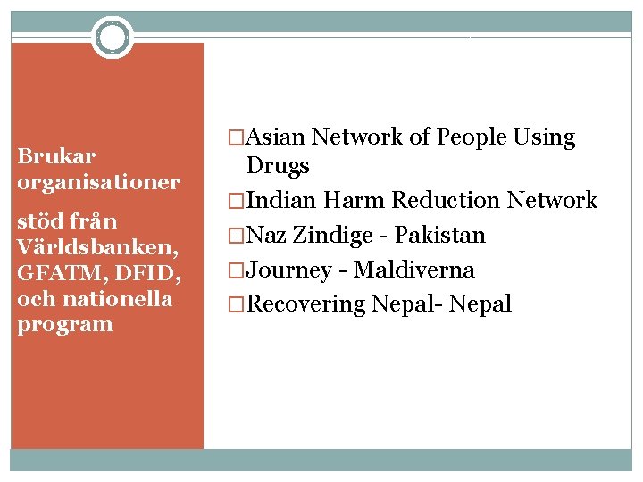 Brukar organisationer stöd från Världsbanken, GFATM, DFID, och nationella program �Asian Network of People
