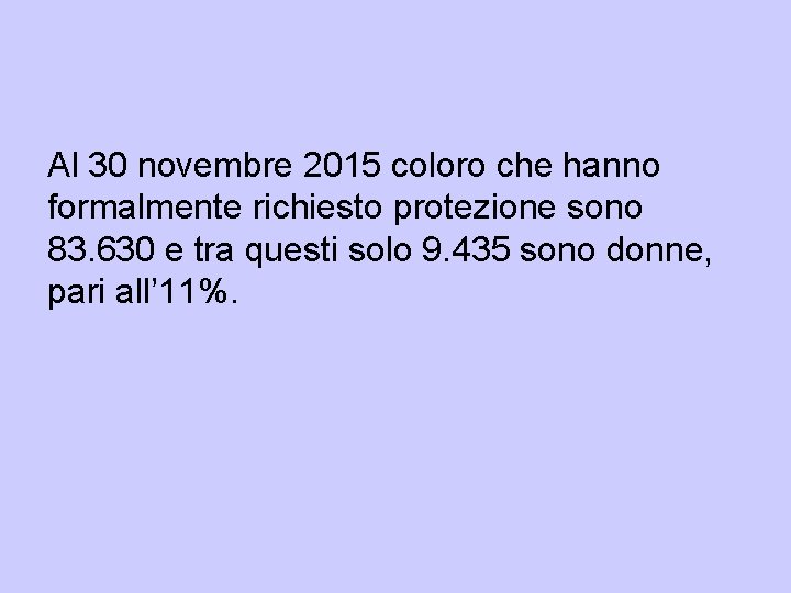 Al 30 novembre 2015 coloro che hanno formalmente richiesto protezione sono 83. 630 e Al 30 novembre 2015 coloro che hanno formalmente richiesto protezione sono 83. 630 e