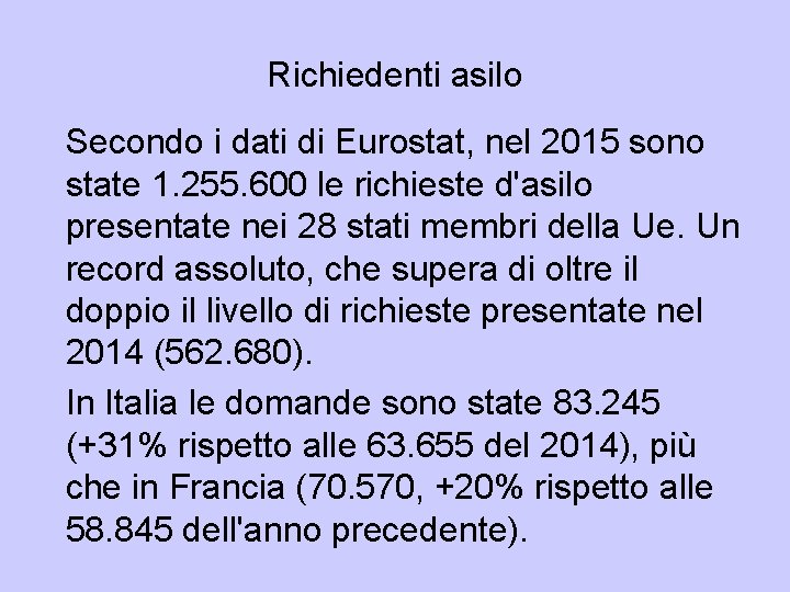 Richiedenti asilo Secondo i dati di Eurostat, nel 2015 sono state 1. 255. 600 Richiedenti asilo Secondo i dati di Eurostat, nel 2015 sono state 1. 255. 600