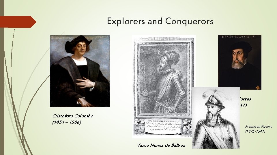 Explorers and Conquerors Hernan Cortes (1485 -1547) Cristoforo Colombo (1451 – 1506) Francisco Pizarro