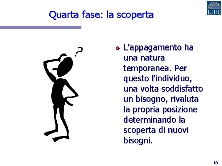 Quarta fase: la scoperta L’appagamento ha una natura temporanea. Per questo l’individuo, una volta