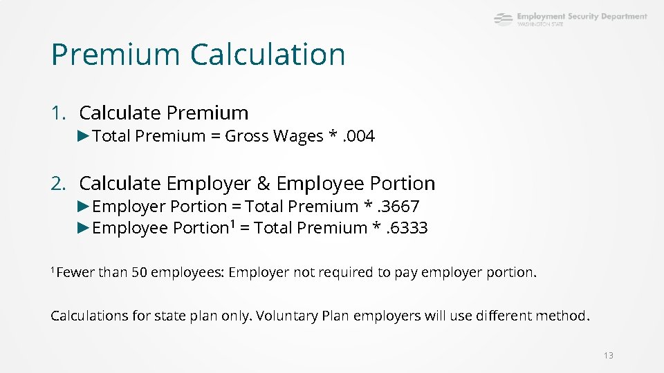 Premium Calculation 1. Calculate Premium ►Total Premium = Gross Wages *. 004 2. Calculate