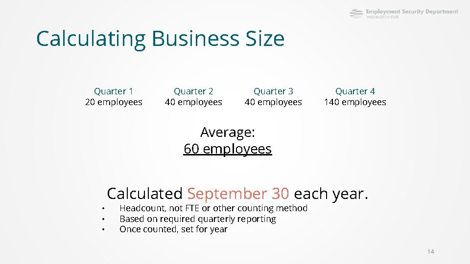 Calculating Business Size Quarter 1 20 employees Quarter 2 40 employees Quarter 3 40