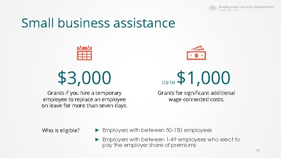 Small business assistance $3, 000 Grants if you hire a temporary employee to replace