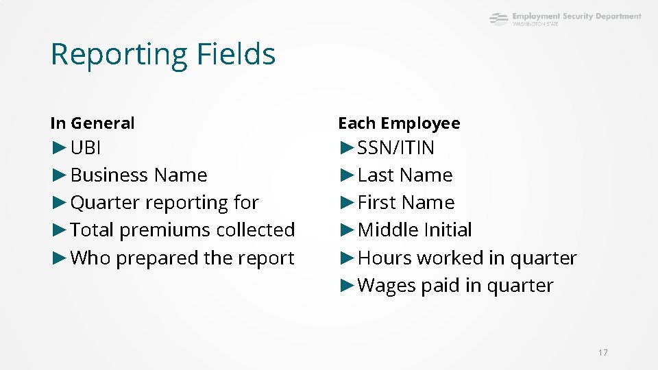 Reporting Fields In General ►UBI ►Business Name ►Quarter reporting for ►Total premiums collected ►Who