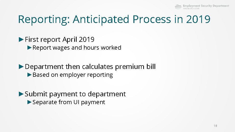 Reporting: Anticipated Process in 2019 ►First report April 2019 ►Report wages and hours worked