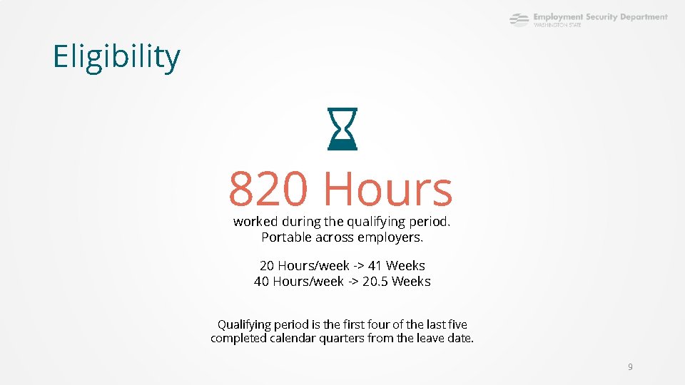 Eligibility 820 Hours worked during the qualifying period. Portable across employers. 20 Hours/week ->