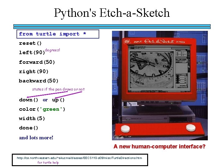 Python's Etch-a-Sketch from turtle import * reset() degrees! left(90) forward(50) right(90) backward(50) states if