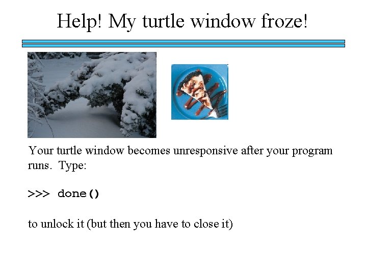 Help! My turtle window froze! Your turtle window becomes unresponsive after your program runs.