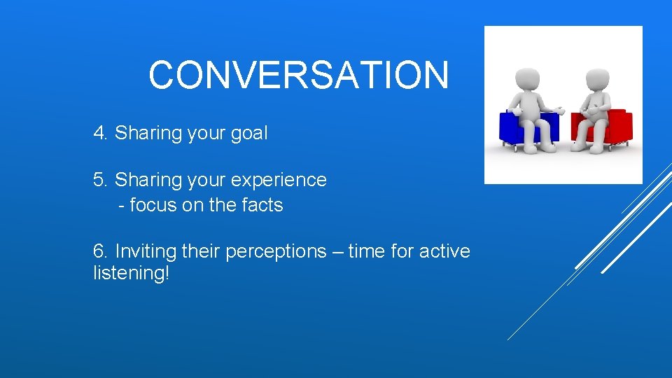 CONVERSATION 4. Sharing your goal 5. Sharing your experience - focus on the facts CONVERSATION 4. Sharing your goal 5. Sharing your experience - focus on the facts