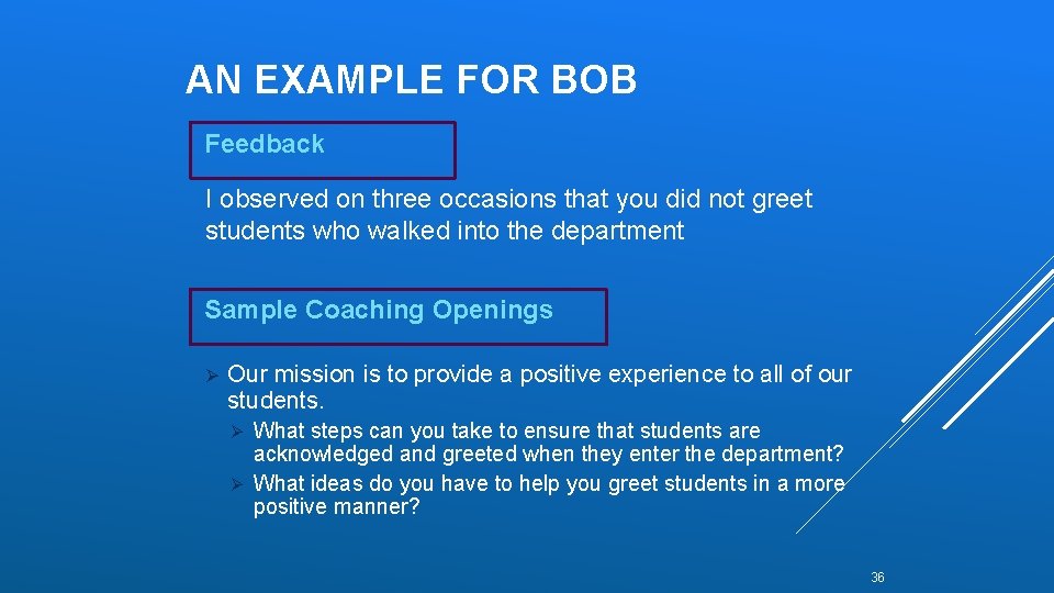 AN EXAMPLE FOR BOB Feedback I observed on three occasions that you did not AN EXAMPLE FOR BOB Feedback I observed on three occasions that you did not