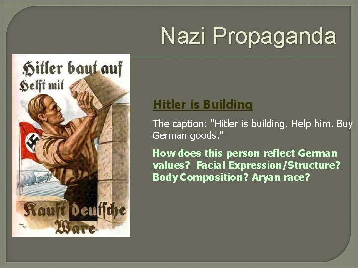 Nazi Propaganda Hitler is Building The caption: "Hitler is building. Help him. Buy German
