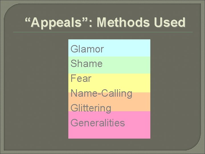 “Appeals”: Methods Used Glamor Shame Fear Name-Calling Glittering Generalities 