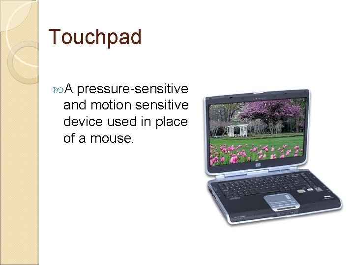 Touchpad A pressure-sensitive and motion sensitive device used in place of a mouse. 