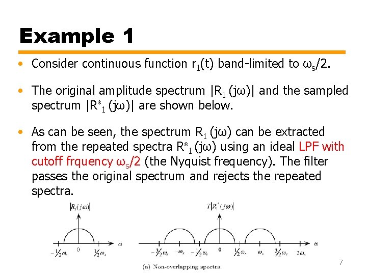 Example 1 • Consider continuous function r 1(t) band-limited to ωs/2. • The original