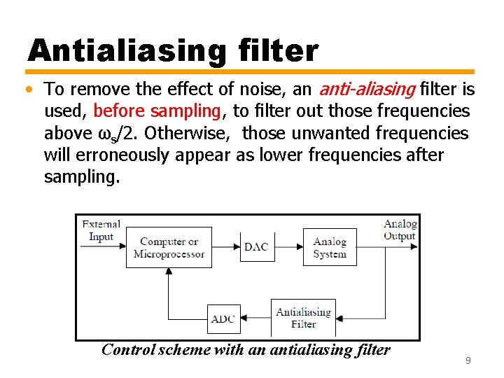 Antialiasing filter • To remove the effect of noise, an anti-aliasing ﬁlter is used,