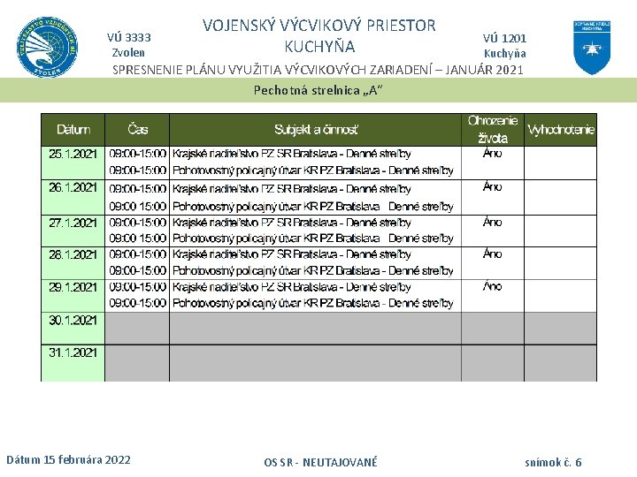 VÚ 3333 Zvolen VOJENSKÝ VÝCVIKOVÝ PRIESTOR KUCHYŇA VÚ 1201 Kuchyňa SPRESNENIE PLÁNU VYUŽITIA VÝCVIKOVÝCH