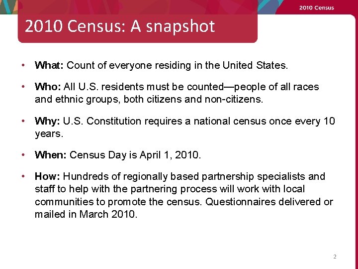 2010 Census: A snapshot • What: Count of everyone residing in the United States.