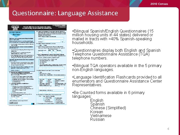 Questionnaire: Language Assistance • Bilingual Spanish/English Questionnaires (15 million housing units in 44 states)