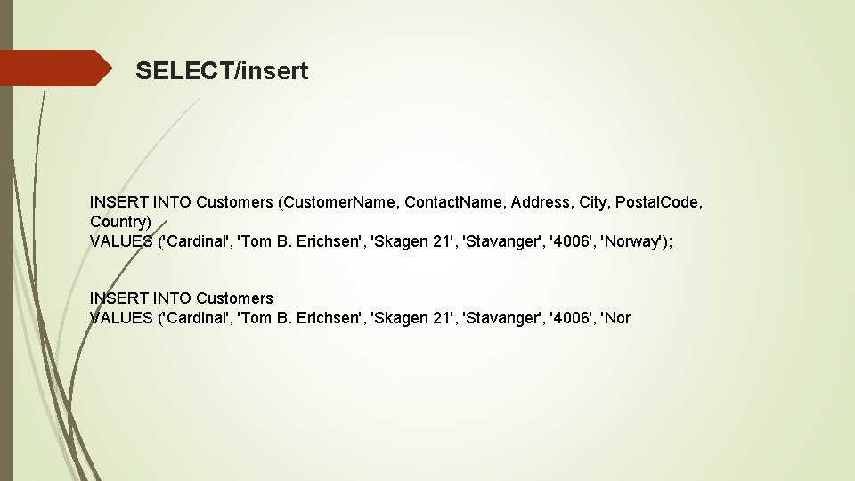 SELECT/insert INSERT INTO Customers (Customer. Name, Contact. Name, Address, City, Postal. Code, Country) VALUES