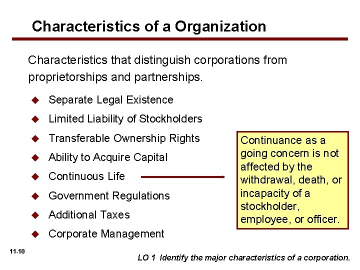 Characteristics of a Organization Characteristics that distinguish corporations from proprietorships and partnerships. 11 -10