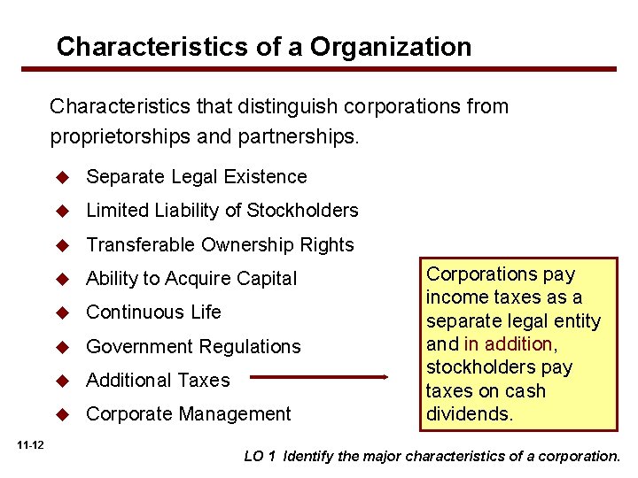 Characteristics of a Organization Characteristics that distinguish corporations from proprietorships and partnerships. 11 -12