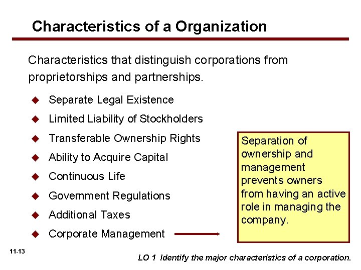 Characteristics of a Organization Characteristics that distinguish corporations from proprietorships and partnerships. 11 -13