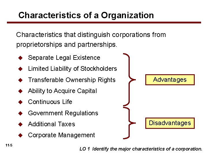 Characteristics of a Organization Characteristics that distinguish corporations from proprietorships and partnerships. 11 -5