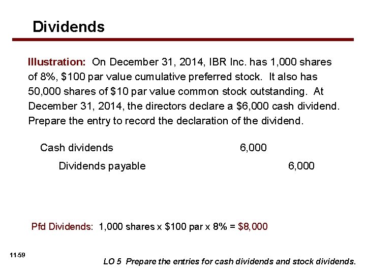 Dividends Illustration: On December 31, 2014, IBR Inc. has 1, 000 shares of 8%,