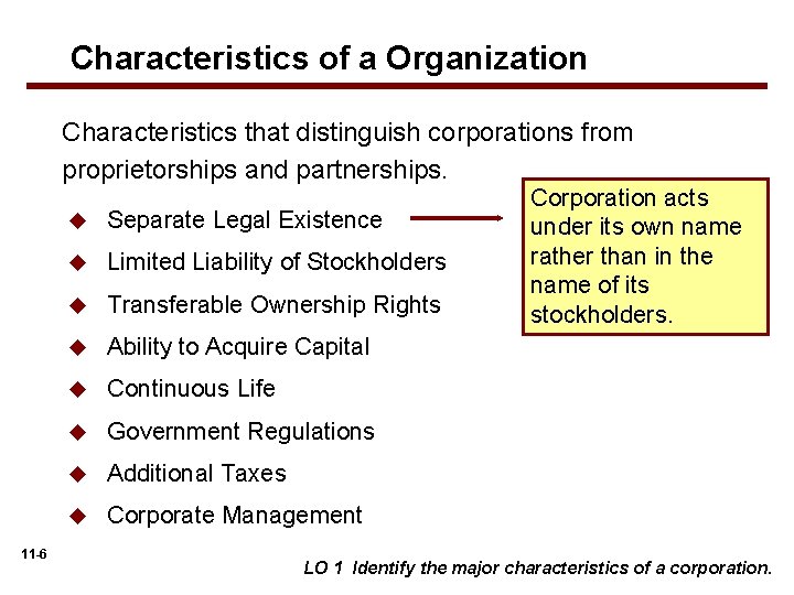 Characteristics of a Organization Characteristics that distinguish corporations from proprietorships and partnerships. 11 -6