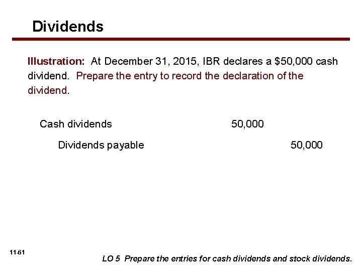 Dividends Illustration: At December 31, 2015, IBR declares a $50, 000 cash dividend. Prepare