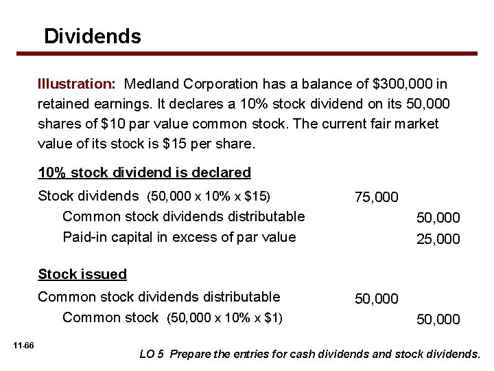 Dividends Illustration: Medland Corporation has a balance of $300, 000 in retained earnings. It