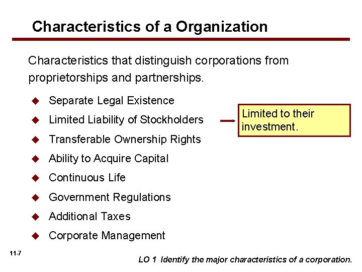 Characteristics of a Organization Characteristics that distinguish corporations from proprietorships and partnerships. 11 -7