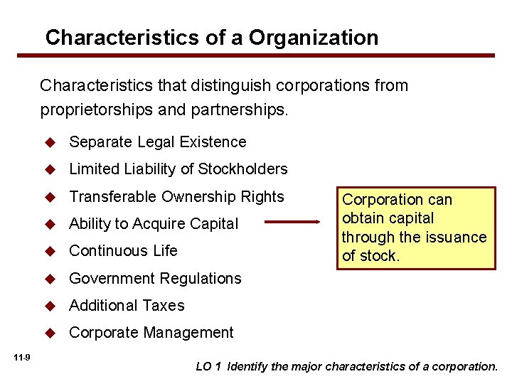 Characteristics of a Organization Characteristics that distinguish corporations from proprietorships and partnerships. 11 -9