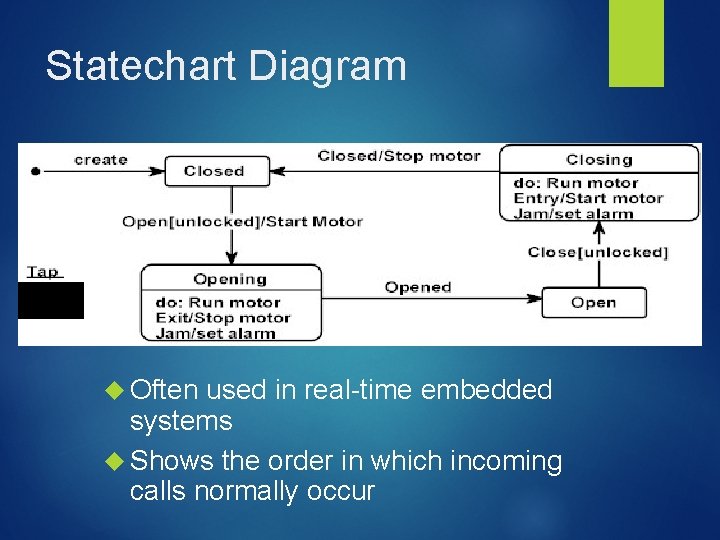 Statechart Diagram Often used in real-time embedded systems Shows the order in which incoming