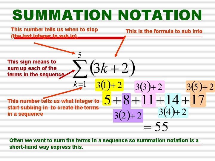 SUMMATION NOTATION This number tells us when to stop (the last integer to sub