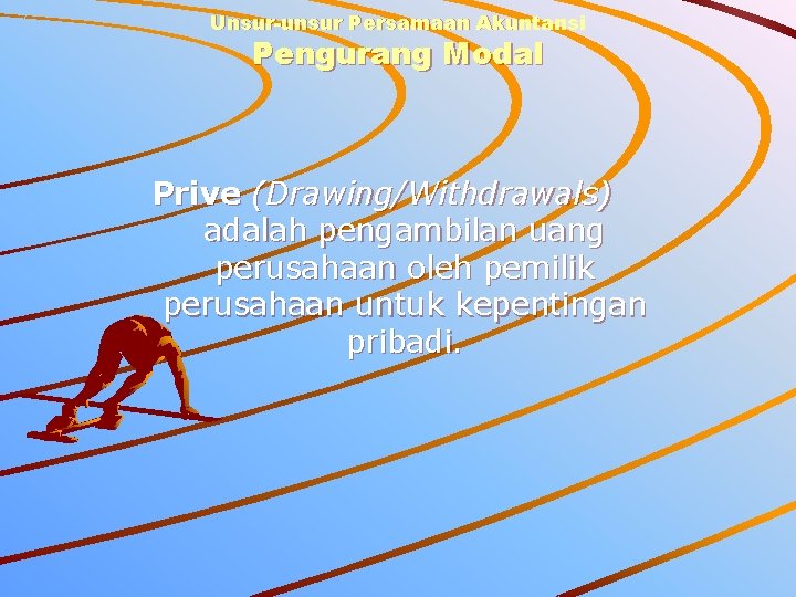 Unsur-unsur Persamaan Akuntansi Pengurang Modal Prive (Drawing/Withdrawals) adalah pengambilan uang perusahaan oleh pemilik perusahaan